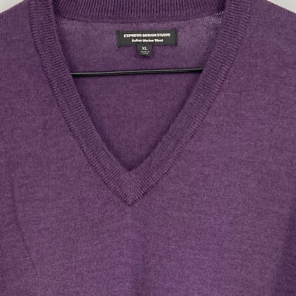 Express Design Studio Italian Merino Wool V Neck Sweater Purple Men's XL